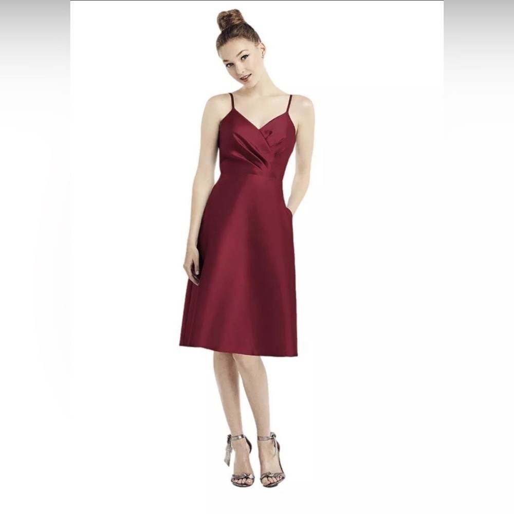 ALFRED SUNG Cocktail Dress Burgundy Satin Twill V Neck D777 $200 Sz 14 Pockets!